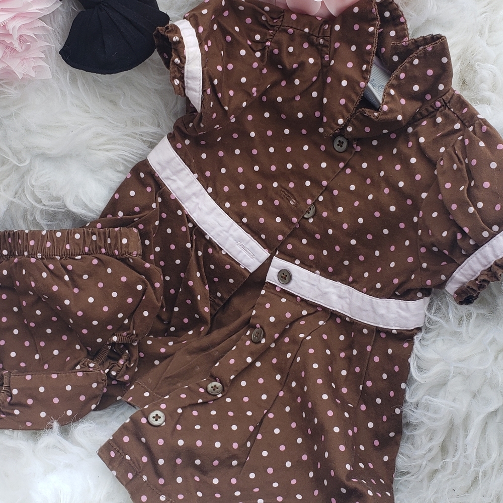 Adorable Brown dress with pink & white polka dots